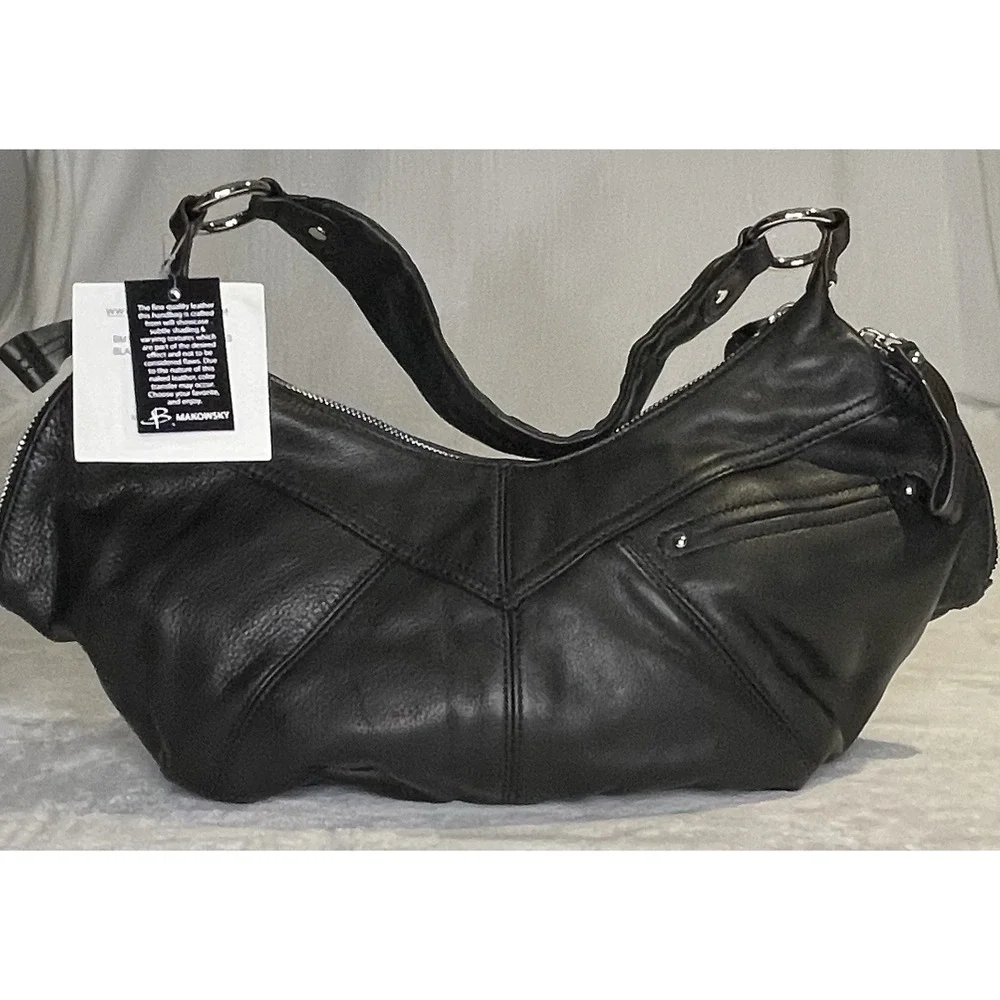 NEW B Makowsky Las Vegas Hobo Handbag Black Studded Leather Shoulder Bag Purse
